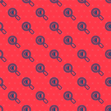 Mavi çizgi büyüteç ve Avro sembolü kırmızı arkaplanda izole edilmiş pürüzsüz desen. Para bul. Para arıyorum. Vektör İllüstrasyonu