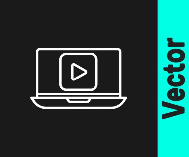 Siyah arkaplanda beyaz satır çevrimiçi video simgesi izole edildi. Dizüstü bilgisayar ve oyun işaretli film şeridi. Vektör İllüstrasyonu