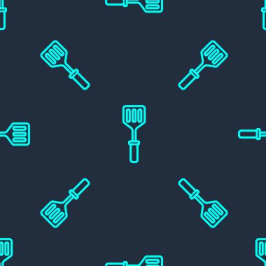 Yeşil çizgi Spatula simgesi mavi arkaplandaki kusursuz deseni izole etti. Mutfak spatula ikonu. Barbekü spatula işareti. Barbekü ve ızgara aleti. Vektör İllüstrasyonu