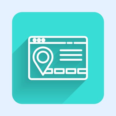 Şehir haritası yön bulma simgesinin uzun gölgesi ile izole edilmiş beyaz çizgi bilgileri. Mobil Uygulama Arayüzü tasarımı. Coğrafi konsept. Yeşil kare düğmesi. Vektör İllüstrasyonu