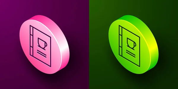 Isometric Line Coffee Book Icon Isolated Purple Green Background Circle — Stock Vector
