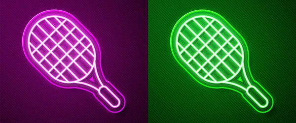 Leuchtende Neon Linie Tennisschläger Symbol Isoliert Auf Lila Und Grünen — Stockvektor
