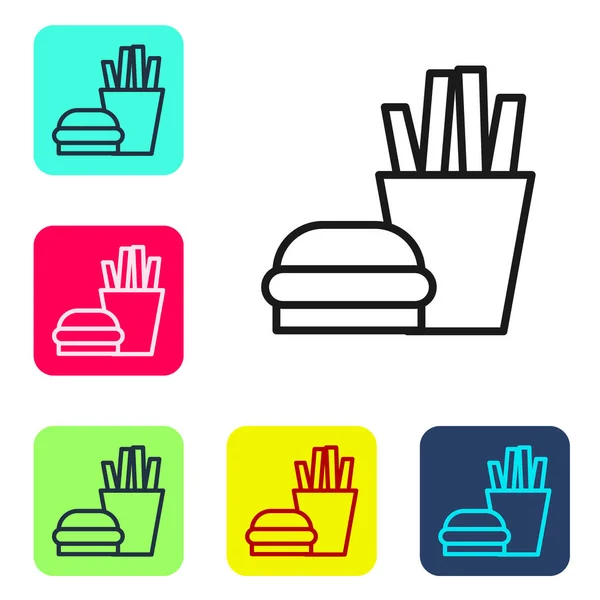 Μαύρη Γραμμή Burger Και Τηγανητές Πατάτες Χάρτινο Κουτί Εικονίδιο Κουτί — Διανυσματικό Αρχείο