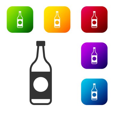 Siyah bira şişesi simgesi beyaz arkaplanda izole edilmiş. Renkli kare düğmelerle simgeleri ayarla. Vektör İllüstrasyonu