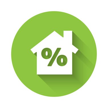 Uzun gölgeli, indirimli etiket simgesine sahip Beyaz Saray. Emlak evi. Kredi yüzdesi sembolü. Yeşil daire düğmesi. Vektör İllüstrasyonu