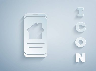 Kağıt, gri arka planda izole edilmiş akıllı telefon ikonu üzerinde çevrimiçi emlak evi. Ev kredisi konsepti, kira, satın alma, mülk alma. Kağıt sanatı tarzı. Vektör İllüstrasyonu