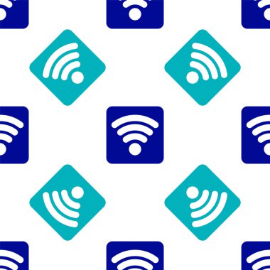Mavi Wi-Fi kablosuz internet ağ sembolü simgesi beyaz arkaplanda izole edilmiş kusursuz desen. Vektör İllüstrasyonu