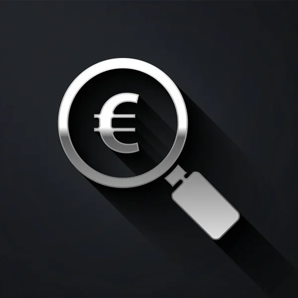 Srebrne Szkło Powiększające Ikona Symbolu Euro Odizolowana Czarnym Tle Znajdź — Wektor stockowy