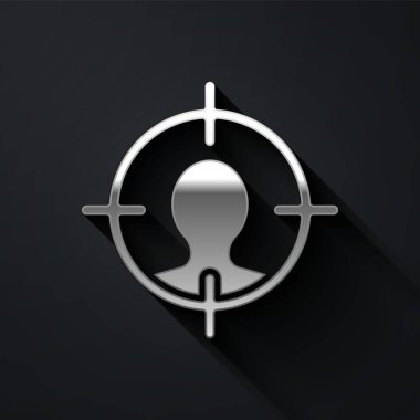 Silver Head avlanma konsepti simgesi siyah arka planda izole edildi. İş hedefi ya da İstihdam tabelası. İnsan kaynakları ve adam toplama. Uzun gölge tarzı. Vektör İllüstrasyonu