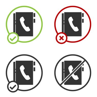 Siyah adres defteri simgesi beyaz arkaplanda izole edildi. Not defteri, adres, bağlantı, rehber, telefon, telefon rehberi simgesi. Çember düğmesi. Vektör İllüstrasyonu