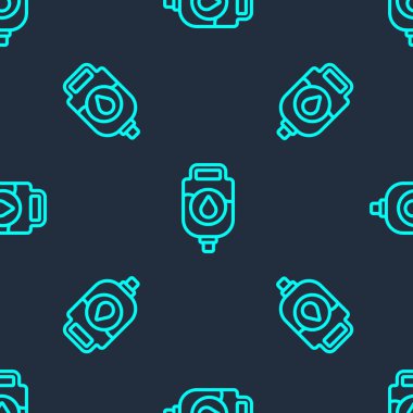 Yeşil çizgi IV çanta ikonu mavi arkaplanda izole edilmiş kusursuz desen. Kan torbası. Kan bağışı konsepti. Tedavi ve terapi kavramı, kemoterapi. Vektör İllüstrasyonu