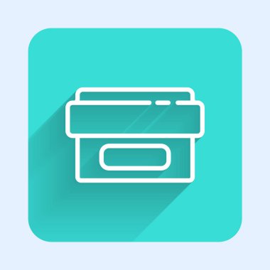 Uzun gölgeli beyaz çizgi krem tüp tıp ikonu. Tüp, kap, diş macunu, krem rengi. Yeşil kare düğmesi. Vektör İllüstrasyonu