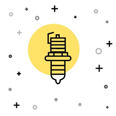 Siyah çizgi araba buji simgesi beyaz arkaplanda izole edildi. Araba elektrikli mumu. Rastgele dinamik şekiller. Vektör İllüstrasyonu