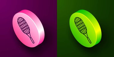 Tenis raketi ikonu mor ve yeşil arkaplanda izole edilmiş. Spor malzemeleri. Çember düğmesi. Vektör İllüstrasyonu