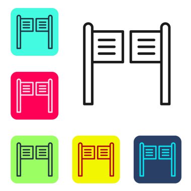 Siyah çizgi Beyaz arka planda izole edilmiş eski batı salıncak salonu ikonu. Renkli kare düğmelerle simgeleri ayarla. Vektör İllüstrasyonu