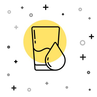 Beyaz zemin üzerinde su ikonu olan siyah çizgi camlar. Soda bardağı. Rastgele dinamik şekiller. Vektör İllüstrasyonu