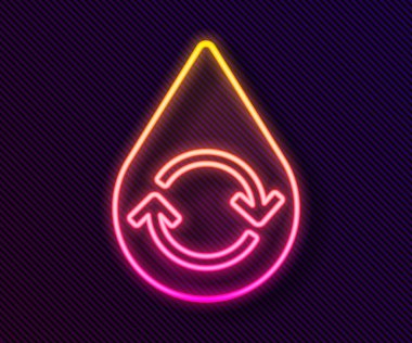 Parlayan neon hattı temiz su simgesini siyah arkaplanda izole et. İşaret geri dönüşümlü bir damla su. Vektör İllüstrasyonu