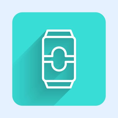 Beyaz çizgi bira uzun gölgeli izole bir ikon olabilir. Yeşil kare düğmesi. Vektör İllüstrasyonu