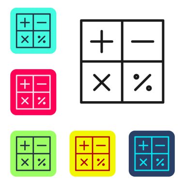 Siyah çizgi hesap makinesi simgesi beyaz arkaplanda izole edildi. Muhasebe sembolü. İş hesaplamaları matematik eğitimi ve finans. Renkli kare düğmelerle simgeleri ayarla. Vektör İllüstrasyonu