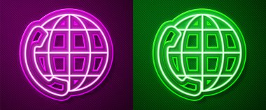 Parlayan neon hattı Telefon 24 saat destek ikonu mor ve yeşil arka planda izole edildi. Tüm gün müşteri destek merkezi. Tam zamanlı çağrı servisi. Vektör İllüstrasyonu