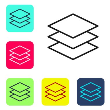 Siyah çizgili katmanlar beyaz arka planda izole edilmiş tekstil ikonu. Kumaş özellikleri. Renkli kare düğmelerle simgeleri ayarla. Vektör İllüstrasyonu