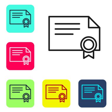 Beyaz arkaplanda siyah çizgi sertifika şablon simgesi izole edildi. Başarı, ödül, diploma, burs, diploma kavramları. Renkli kare düğmelerle simgeleri ayarla. Vektör İllüstrasyonu