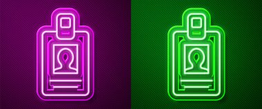 Parlayan neon çizgisi kimlik tanımlama simgesi mor ve yeşil arka planda izole edilmiş. Sunum için, şirketin kimliği için, reklam için kullanılabilir. Vektör İllüstrasyonu