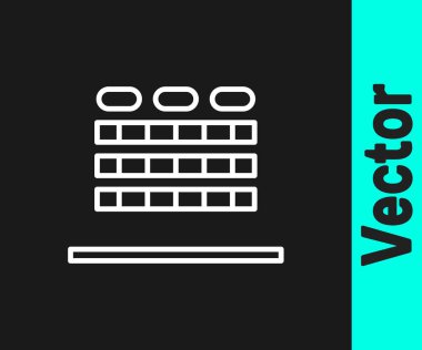 Ekranı ve siyah arka planda izole edilmiş koltuk ikonu olan beyaz çizgi sinema salonu. Vektör İllüstrasyonu