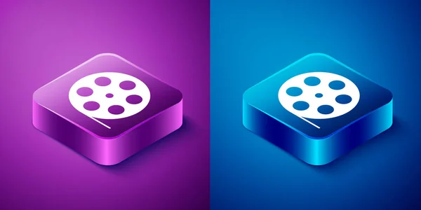 Isometrisches Filmrollen Symbol Auf Blauem Und Violettem Hintergrund Quadratische Taste — Stockvektor