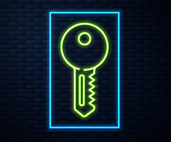 Gloeiende Neon Lijn Huis Sleutel Pictogram Geïsoleerd Baksteen Muur Achtergrond — Stockvector