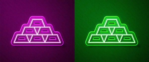 Glowing Neon Line Gold Bars Icon Isolated Purple Green Background — Stock Vector