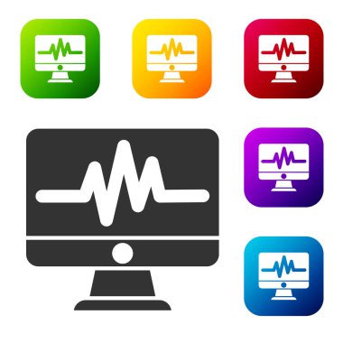 Beyaz zemin üzerinde kardiyogram simgesi olan siyah bilgisayar monitörü. Simge denetleniyor. Kalp atışı elle çizilmiş EKG monitörü. Renkli kare düğmelerle simgeleri ayarla. Vektör İllüstrasyonu