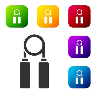 Siyah Spor genişletici simgesi beyaz arkaplanda izole edildi. Spor malzemeleri. Renkli kare düğmelerle simgeleri ayarla. Vektör İllüstrasyonu