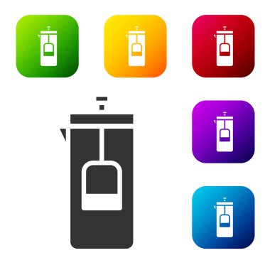 Siyah Fransız basın simgesi beyaz arkaplanda izole edildi. Renkli kare düğmelerle simgeleri ayarla. Vektör İllüstrasyonu