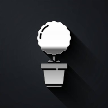 Esrar ikonundaki gümüş bitkisi siyah arka planda izole edilmiş. Tencerede yetişen bir bitki. Saksı bitkisi işareti. Uzun gölge tarzı. Vektör İllüstrasyonu