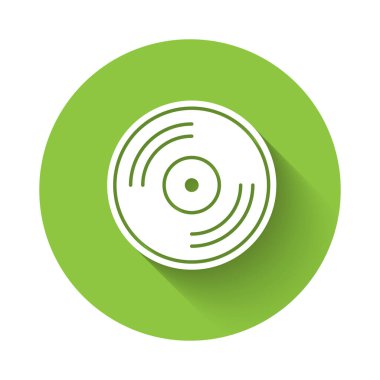 Beyaz Vinil disk simgesi uzun gölgede izole edildi. Yeşil daire düğmesi. Vektör İllüstrasyonu