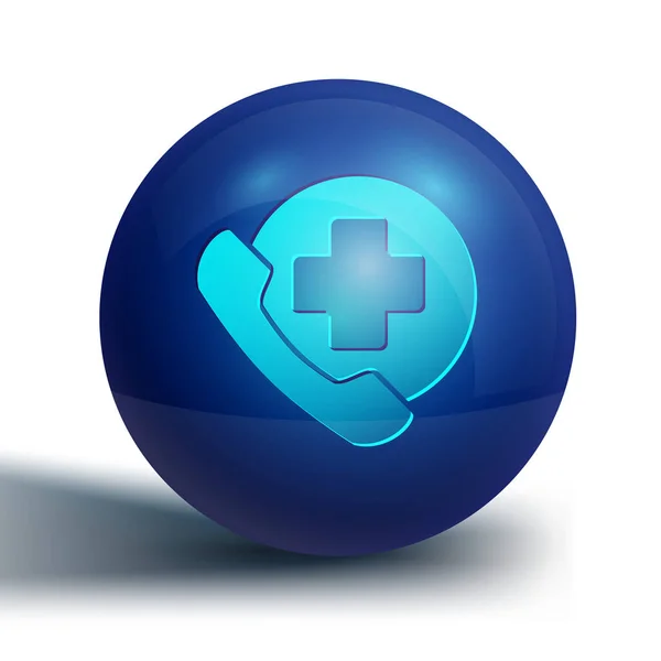 Hastanenin ikonuna yapılan mavi acil telefon çağrısı beyaz arka planda izole edildi. Mavi daire düğmesi. Vektör İllüstrasyonu