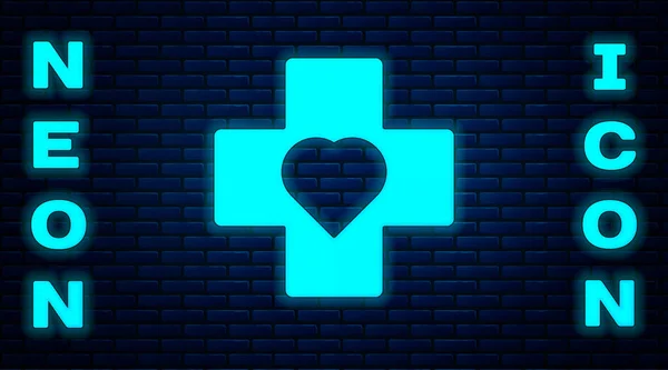 Glowing Neon Heart Cross Icon Isolated Brick Wall Background First — Stock Vector