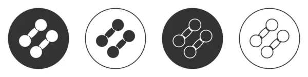 白色背景上孤立的黑色哑铃图标 肌肉举重图标 健身杠铃 运动器械 运动杠铃 圆形按钮 病媒图解 — 图库矢量图片