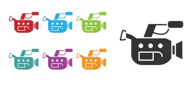 Siyah Sinema kamera simgesi beyaz arkaplanda izole edildi. Video kamera. Film tabelası. Film projektörü. Simgeleri renklendirin. Vektör İllüstrasyonu