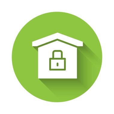 Beyaz Saray uzun gölgeli bir koruma ikonu altında. Eve git ve kilitle. Koruma, güvenlik, güvenlik, koruma, savunma konsepti. Yeşil daire düğmesi. Vektör İllüstrasyonu