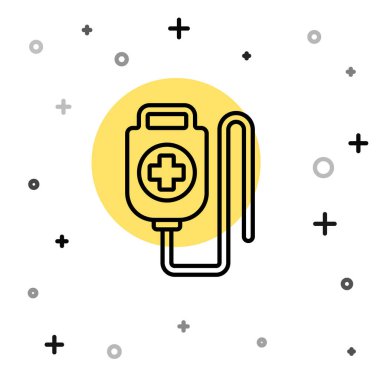 Beyaz zemin üzerinde siyah çizgi IV çanta ikonu izole. Kan torbası. Kan bağışı konsepti. Tedavi ve terapi kavramı, kemoterapi. Rastgele dinamik şekiller. Vektör İllüstrasyonu