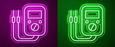 Parlayan neon hattı Ampere metre, multimetre, voltmetre ikonu mor ve yeşil arkaplanda izole edilmiş. Elektrik akımını ölçmek için araçlar. Vektör İllüstrasyonu