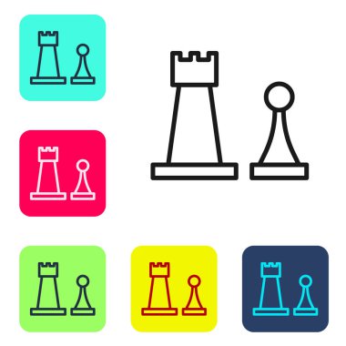 Siyah çizgi satranç simgesi beyaz arkaplanda izole edildi. İş stratejisi. Oyun, yönetim, finans. Renkli kare düğmelerle simgeleri ayarla. Vektör İllüstrasyonu