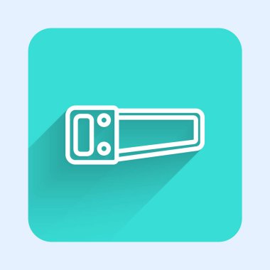 Beyaz Çizgili El, uzun gölgeli bir ikon gördü. Yeşil kare düğmesi. Vektör İllüstrasyonu