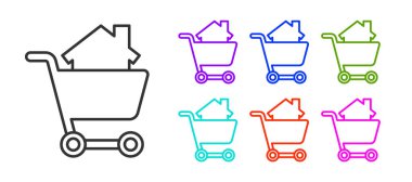 Beyaz arka planda ev ikonu olan siyah çizgili alışveriş arabası. Ev konsepti al. Ev kredisi konsepti, kira, mülk satın alma. Simgeleri renklendirin. Vektör İllüstrasyonu