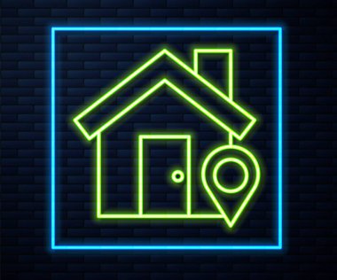 Duvarda izole edilmiş ev simgesi olan parlak neon çizgili harita işaretçisi. Ev konumu belirleyici sembol. Vektör İllüstrasyonu