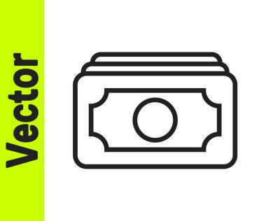 Siyah çizgi kağıt para yığını beyaz arka planda izole nakit ikonu. Para desteleri. Para birimi. Vektör İllüstrasyonu