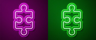 Pembe ve yeşil arkaplanda izole edilmiş parlak neon çizgisi yapboz parçası. İş, pazarlama, finans, düzen, bilgi grafikleri, internet konsepti. Vektör İllüstrasyonu