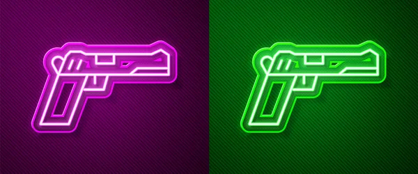 Luminoso Neon Linea Pistola Pistola Icona Isolata Sfondo Viola Verde — Vettoriale Stock